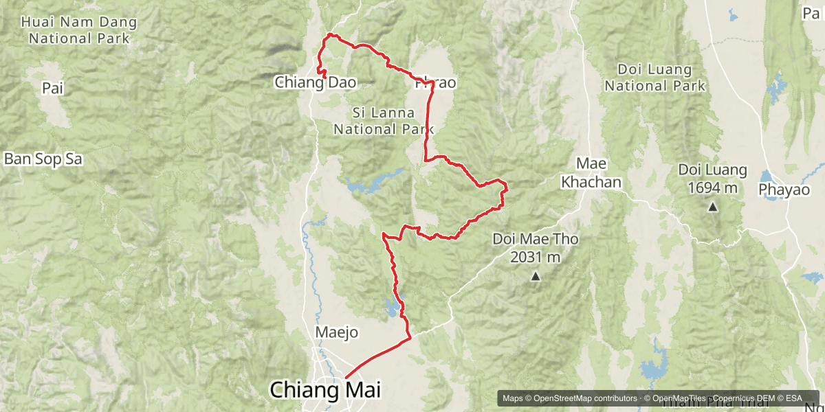 Sunday: east from Chiang Dao to Phrao, over the hills past Pha Ngom, and south to Chiang Mai.