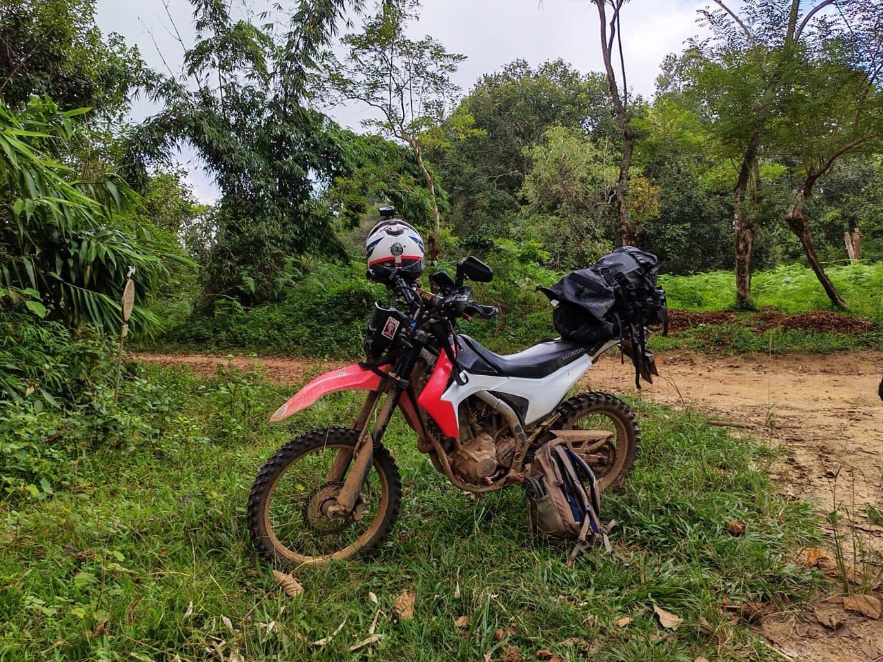 The CRF250L parked up in the grass, dry bag strapped on.