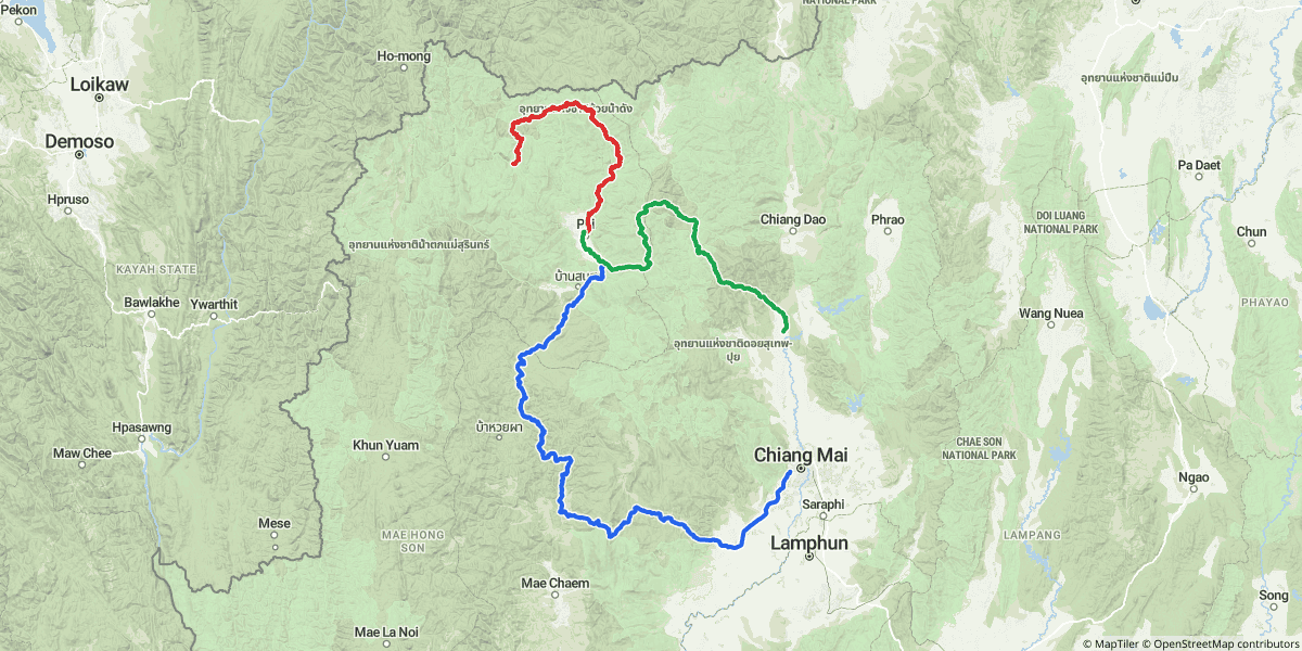 The full 487 km loop — Day 1 blue (Chiang Mai south through Mae Chaem and Khun Yuam to Pai), Day 2 red (the Helicopter Trail west of Pai), Day 3 green (Pai back via Huai Nam Dang and Muang Khong).
