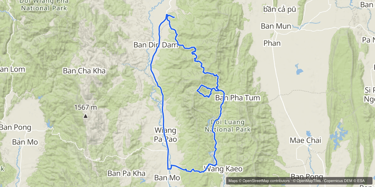 The loop — north through Doi Luang National Park, then back down the west side past Wiang Pa Pao.