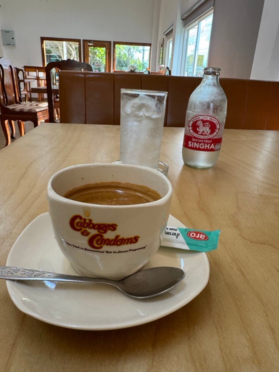 Coffee, soda water, and a cup that tells you where you are