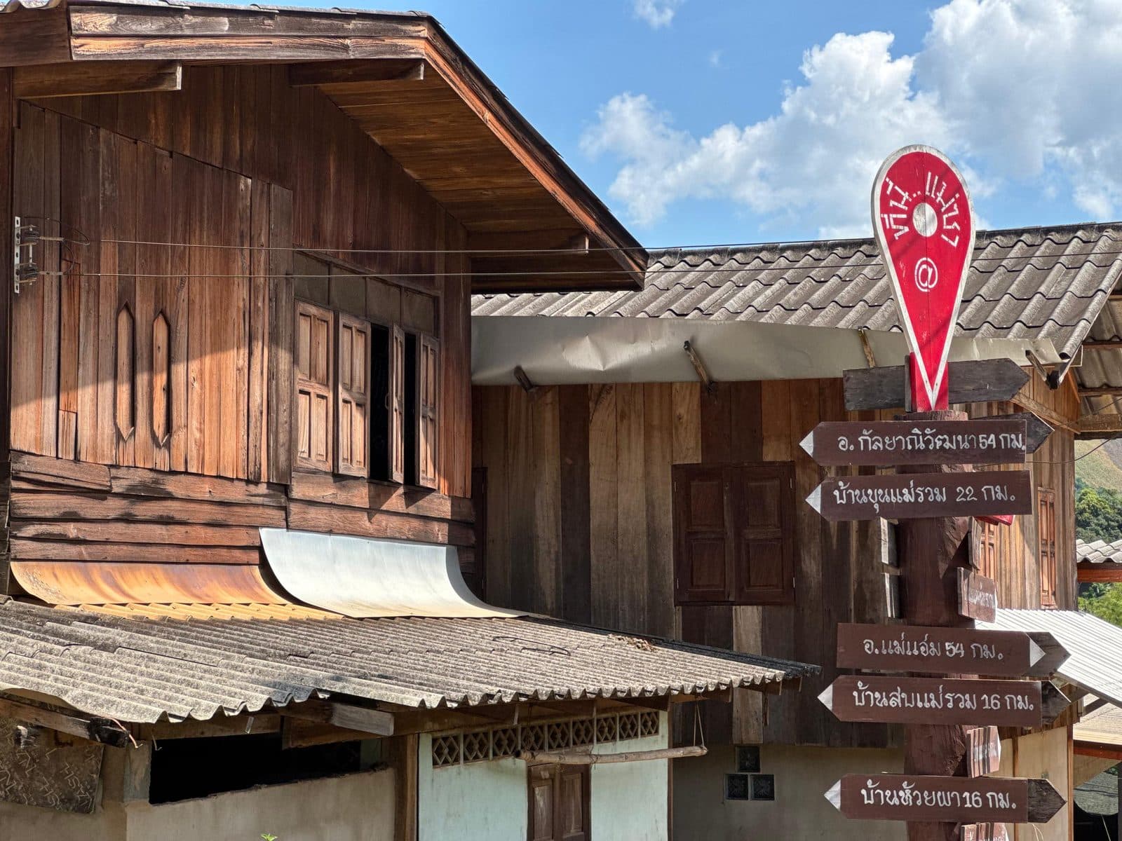 A signpost in teak-house country: Mae Chaem 54 km one way, Kalyaniwatthana 54 km the other. Dead centre.