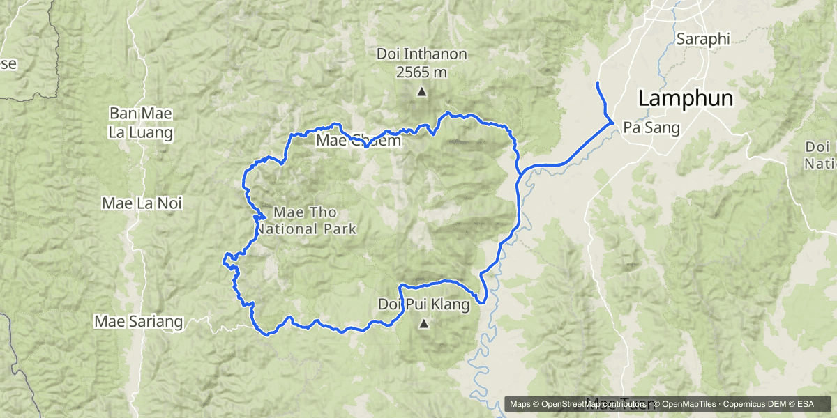 The whole Sunday. South out of Chiang Mai on the 108, the dirt through the middle, and 90 km of tarmac home.