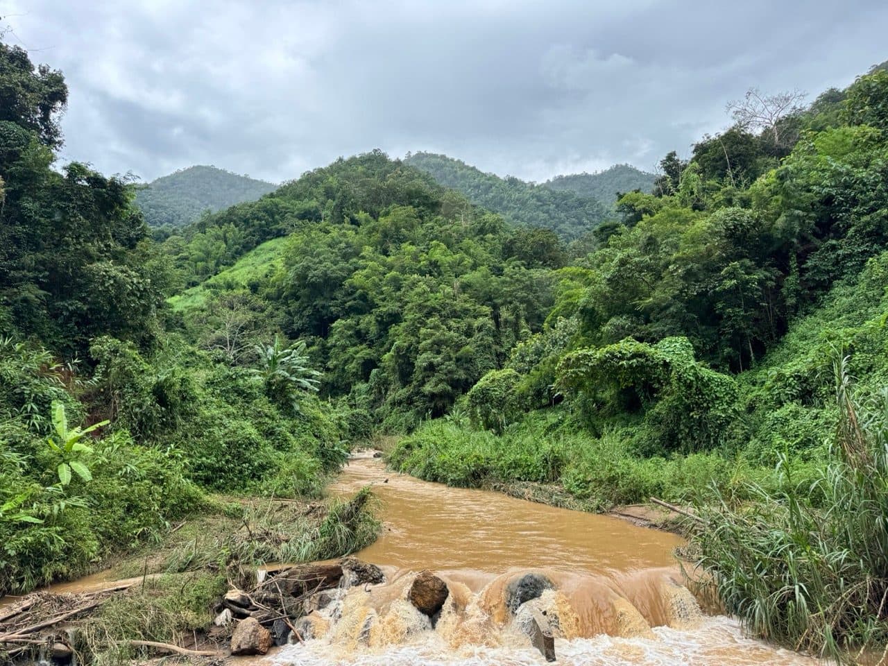 The river running brown and loud over a rock weir.