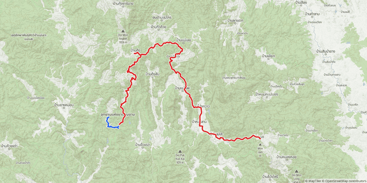 The whole day. Part 1 in blue — the short out-and-back that did not work. Part 2 in red, north past Doi Mon Angket to Ban Kung, then east and south to Mae Rim.
