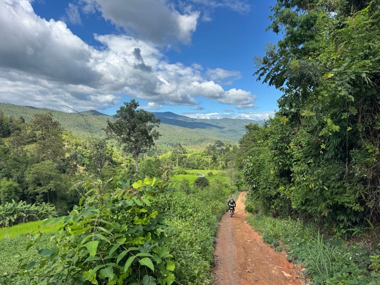 Red clay singletrack dropping into the green Mae Win valley with a dirt bike rider on it, late green season in Chiang Mai province.